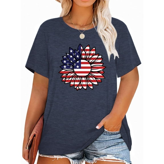XCHQRTI 4th of July Daisy Women Plus Size Tshirts Graphic USA Casual Tees