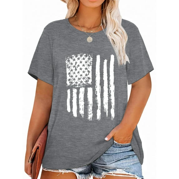 XCHQRTI 4th of July Plus Womens Tshirt USA American Flag Tee Graphic Short Sleeve
