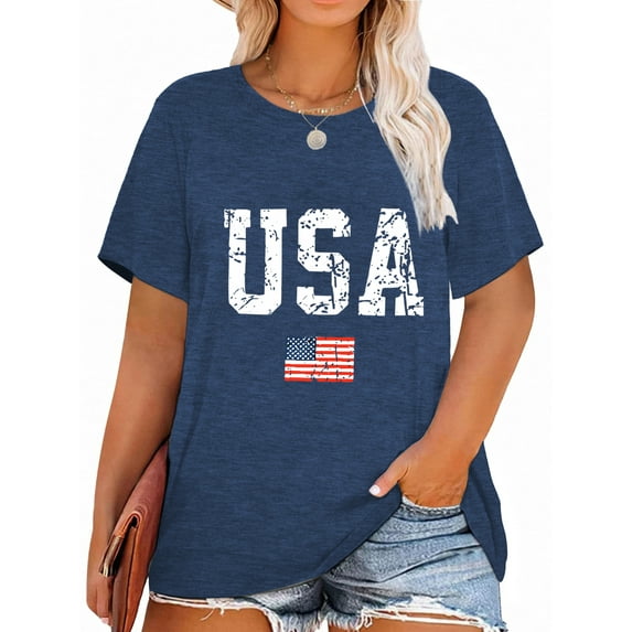 XCHQRTI 4th of July Plus Womens Tshirt USA American Flag Tee Graphic Short Sleeve
