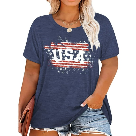 XCHQRTI 4th of July Plus Womens Tshirt USA American Flag Tee Graphic Short Sleeve