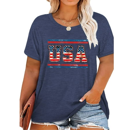 XCHQRTI 4th of July Plus Womens Tshirt USA American Flag Tee Graphic Short Sleeve