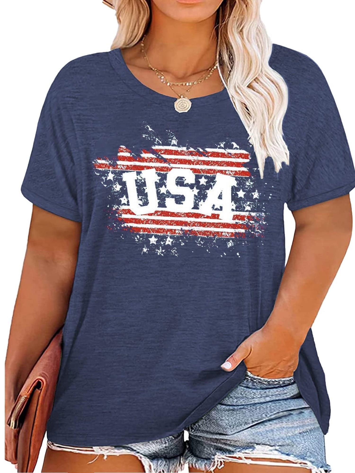Women's USA Flag Off Shoulder Top - Patriotic Tee For 4th Of July, Distressed Star & Stripes Design - View #5