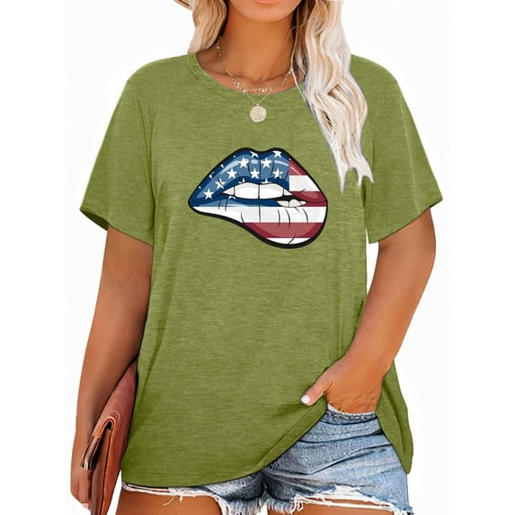 XCHQRTI 4th of July Plus Womens Tshirt USA American Flag Tee Graphic Short Sleeve