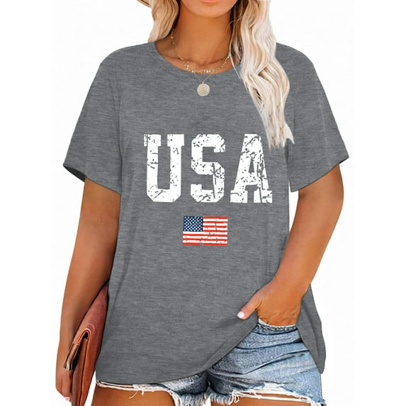 XCHQRTI 4th of July Plus Womens Tshirt USA American Flag Tee Graphic Short Sleeve