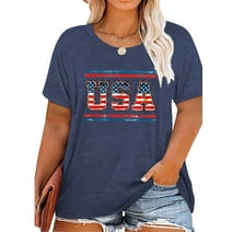 XCHQRTI 4th of July Womens Plus Size Shirt USA American Flag Tshirt Graphic Short Sleeve Oversized Tops