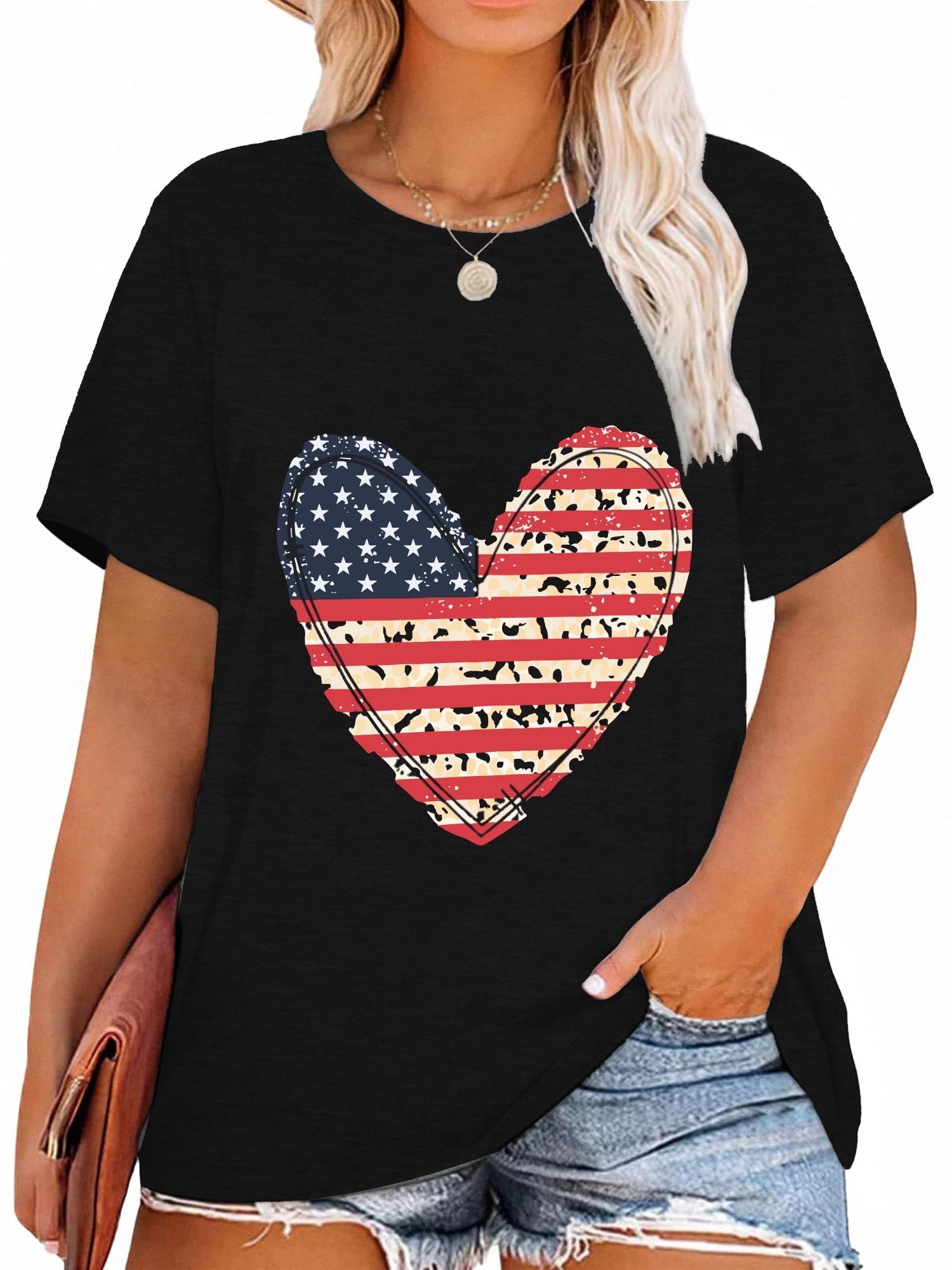 Plus Size Striped Patriotic Tee | 4th Of July Shirt For Women | Rayon-Spandex Comfort, Round Neck, Short Sleeve Casual Top