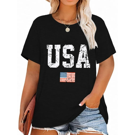 XCHQRTI American Stars Stripes Women Plus Size Tshirt 4th of July Patriotic Tee Short Sleeve 2x-5x