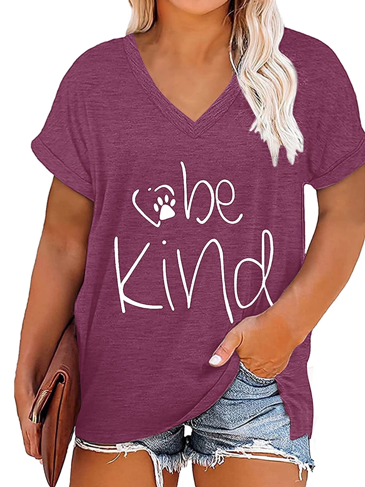 XCHQRTI Be Kind Womens Shirt Plus Size Graphic Tees Short Sleeve V Neck ...