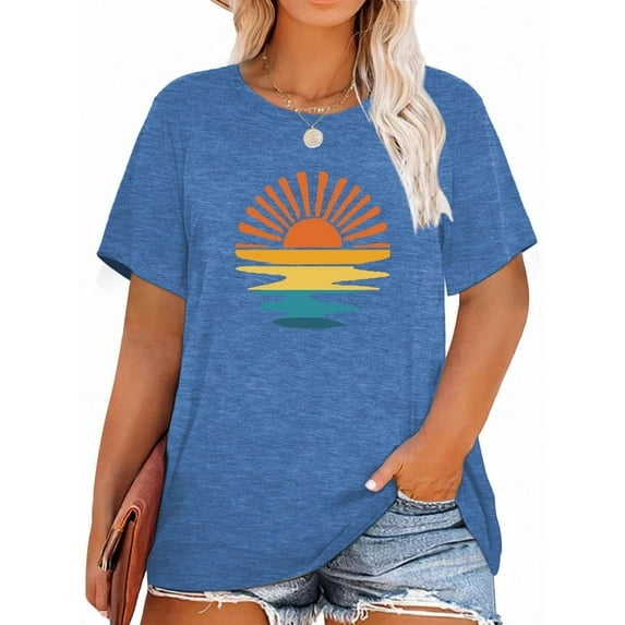 XCHQRTI Beach Shirts Women's Plus Size Graphic Tees Sunrise Sunset T-Shirts Casual Short Sleeve Vacation Tshirt