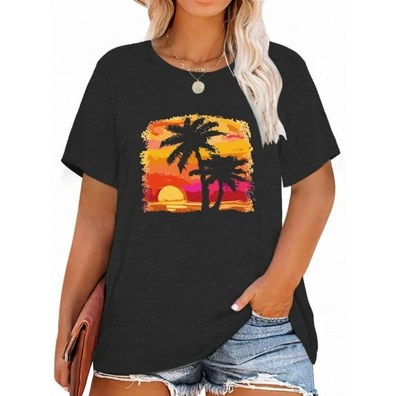 XCHQRTI Beach Shirts Women's Plus Size Graphic Tees Sunrise Sunset T-Shirts Casual Short Sleeve Vacation Tshirt