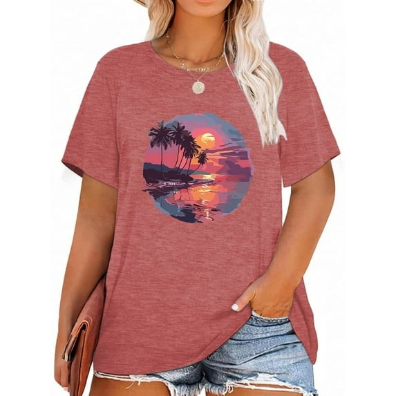 XCHQRTI Beach Shirts Women's Plus Size Graphic Tees Sunrise Sunset T-Shirts Casual Short Sleeve Vacation Tshirt