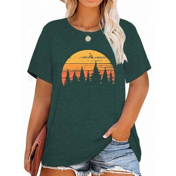 XCHQRTI Beach Shirts Women's Plus Size Graphic Tees Sunrise Sunset T-Shirts Casual Short Sleeve Vacation Tshirt