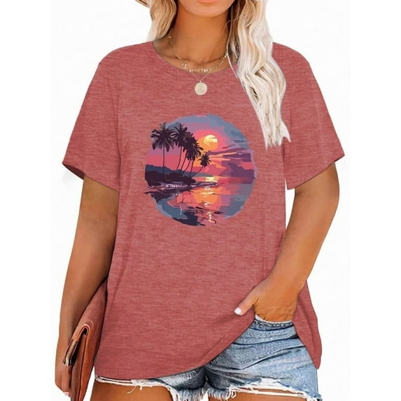 XCHQRTI Beach Shirts Women's Plus Size Graphic Tees Sunrise Sunset T-Shirts Casual Short Sleeve Vacation Tshirt