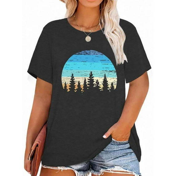 XCHQRTI Beach Shirts Women's Plus Size Graphic Tees Sunrise Sunset T-Shirts Casual Short Sleeve Vacation Tshirt