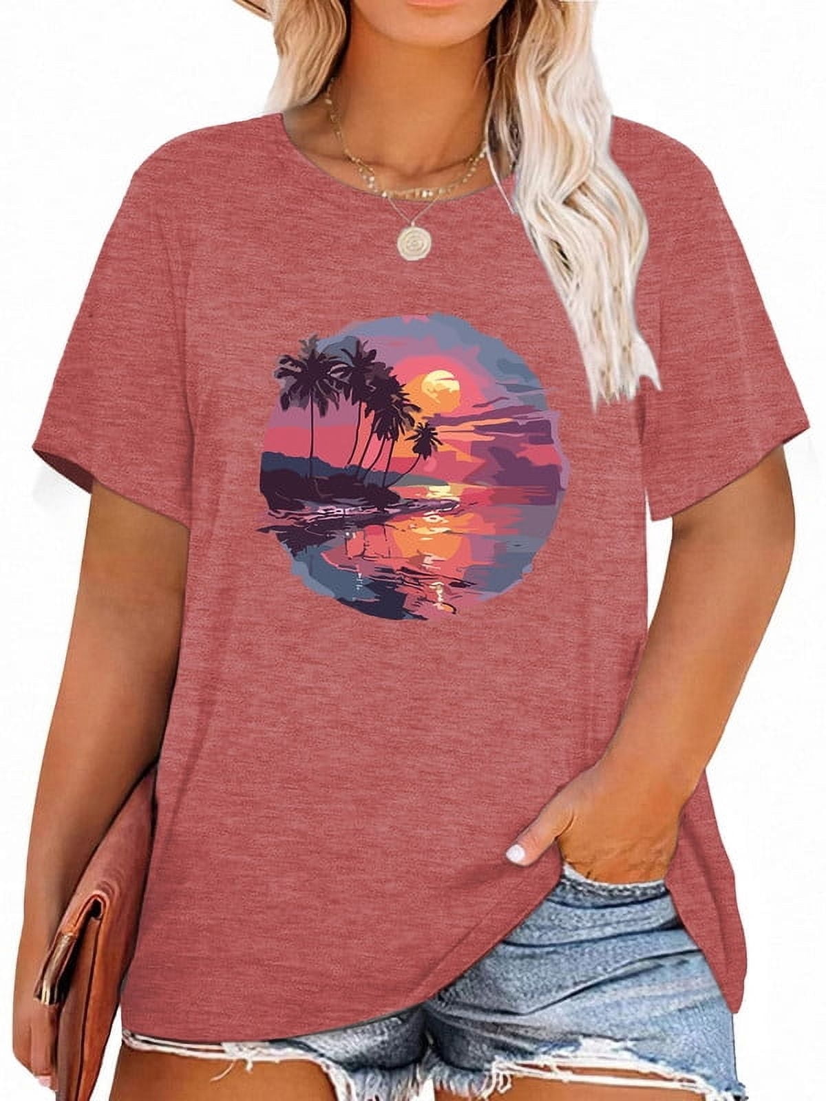 XCHQRTI Beach Shirts Women's Plus Size Graphic Tees Sunrise Sunset T ...