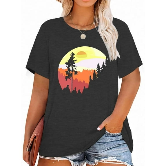 XCHQRTI Beach Shirts Women's Plus Size Graphic Tees Sunrise Sunset T-Shirts Casual Short Sleeve Vacation Tshirt