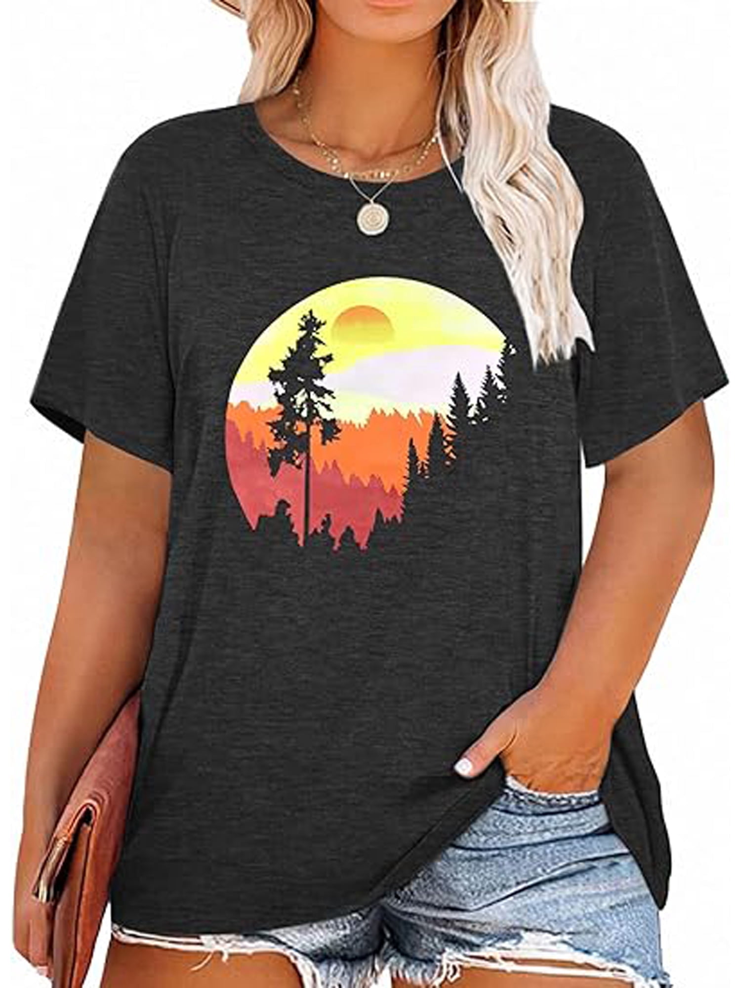 XCHQRTI Beach Shirts Women's Plus Size Graphic Tees Sunrise Sunset T — free download