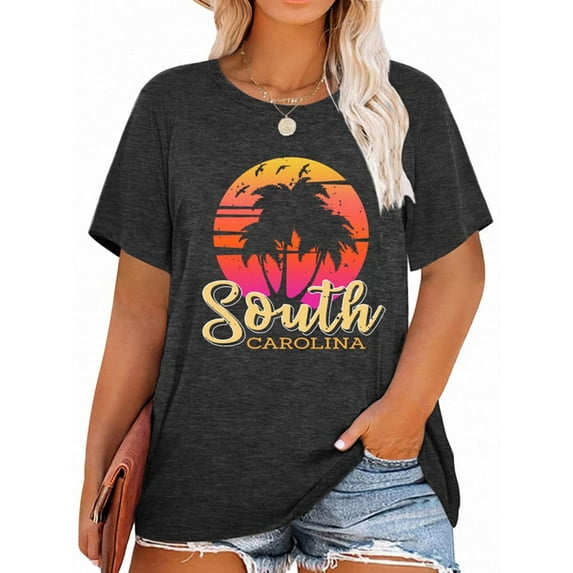 XCHQRTI Beach Shirts Women's Plus Size Graphic Tees Sunrise Sunset T-Shirts Casual Short Sleeve Vacation Tshirt