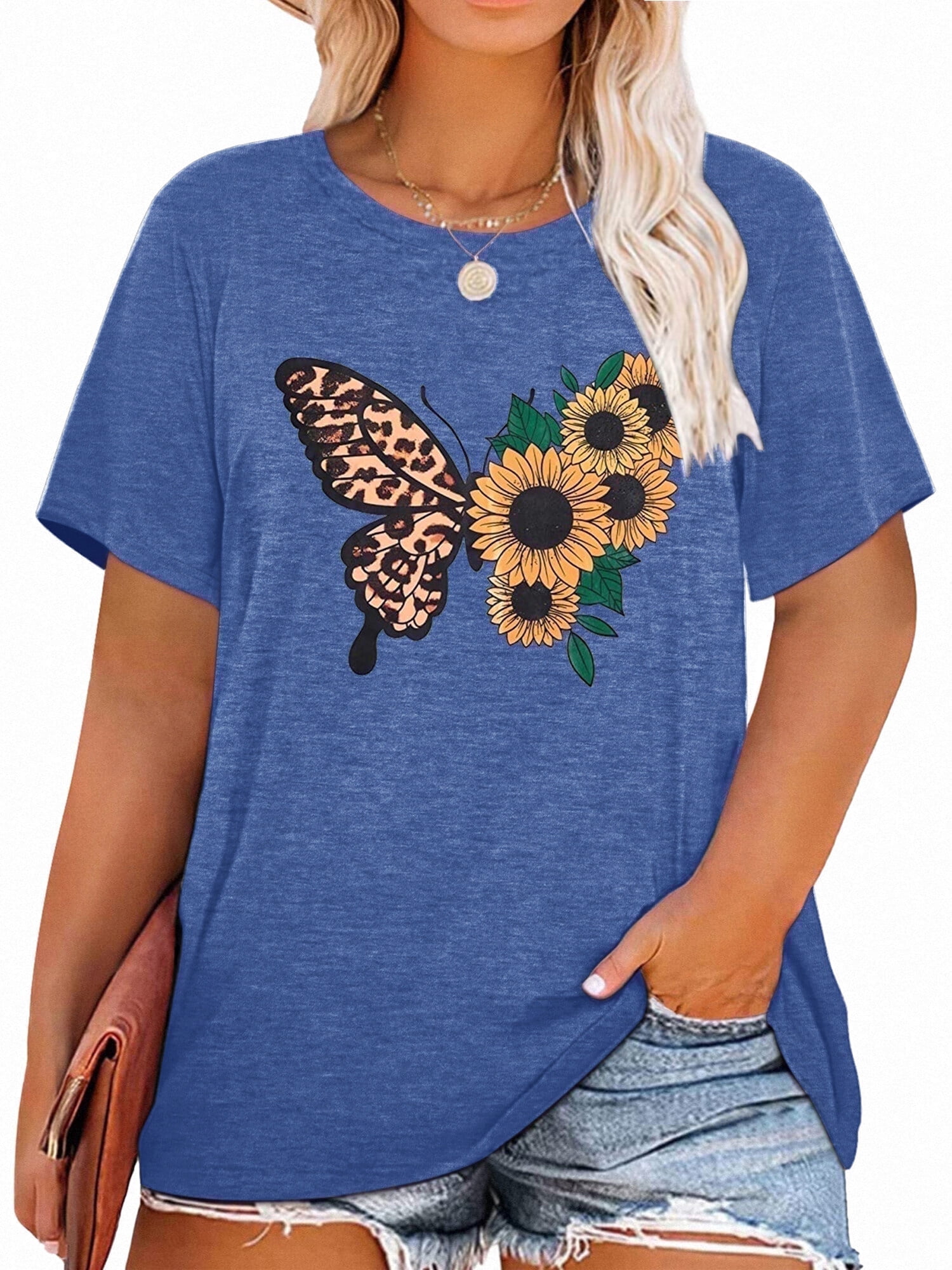XCHQRTI Butterfly Graphic Plus T-Shirts Women Graphic Casual Shirt