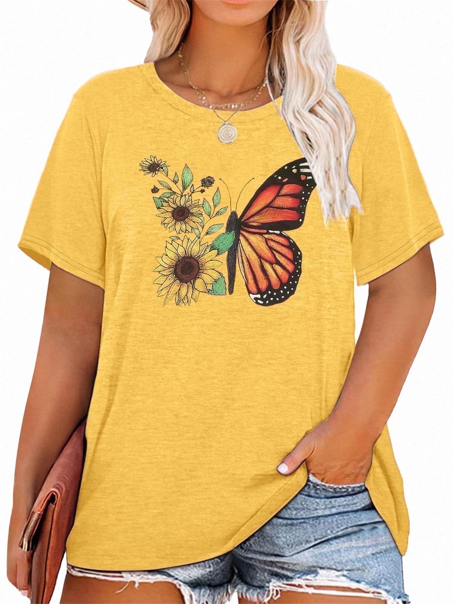 XCHQRTI Butterfly Graphic Plus T-Shirts Women Graphic Casual Shirt