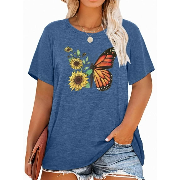 XCHQRTI Butterfly Graphic Plus T-Shirts Women Graphic Casual Shirt Summer Short Sleeve Tee