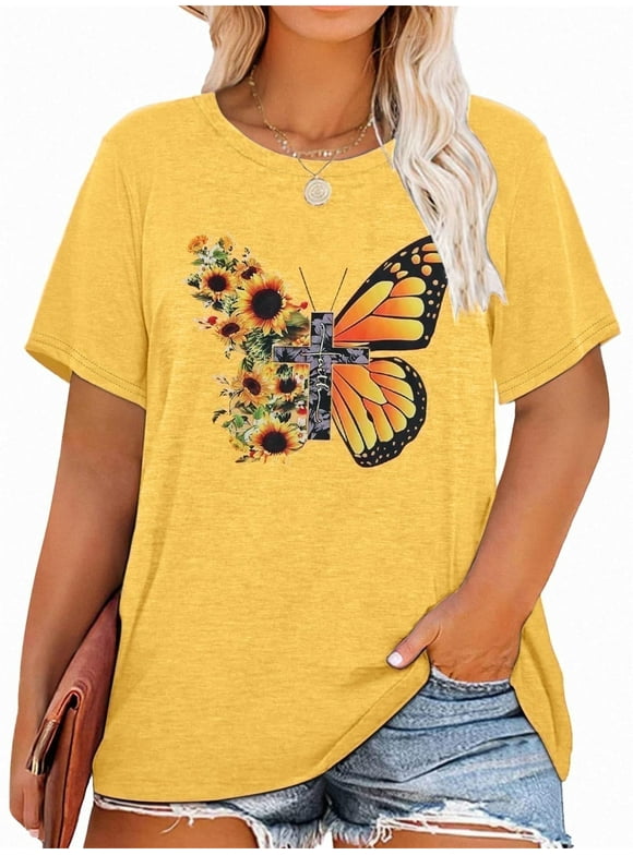 Butterfly Graphic Plus T-Shirts Women Graphic Casual Shirt Summer Short Sleeve Tee