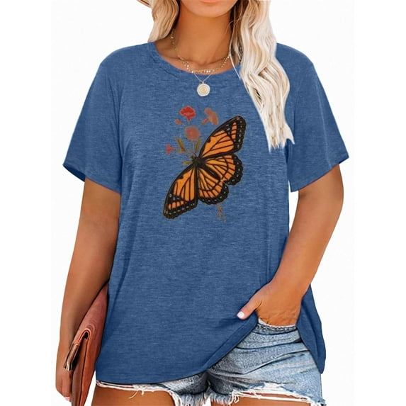 XCHQRTI Butterfly Graphic Plus T-Shirts Women Graphic Casual Shirt Summer Short Sleeve Tee