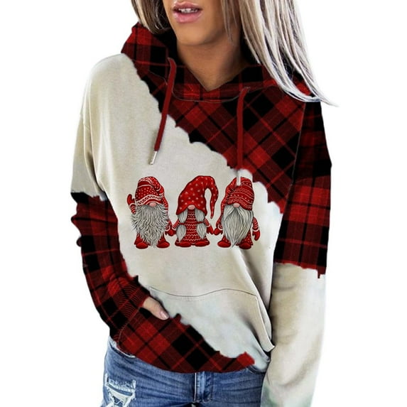 XCHQRTI Cartoon Print Hoodie for Women Tie Dye Splicing Christmas Sweatshirts Pocket Long Sleeve Graphic Drawstring Top