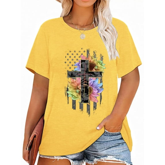 XCHQRTI Christian Shirts for Women Plus Size Tshirts Cross Faith Shirt Short Sleeve Oversized Graphic Tee