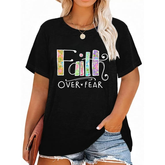 XCHQRTI Christian Shirts for Women Plus Size Tshirts Cross Faith Shirt Short Sleeve Oversized Graphic Tee