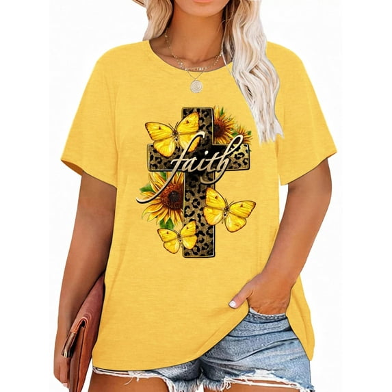 XCHQRTI Christian Shirts for Women Plus Size Tshirts Cross Faith Shirt Short Sleeve Oversized Graphic Tee