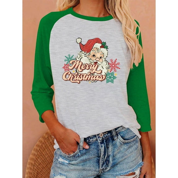 Anbech Christmas 3/4 Sleeve T Shirts for Women Shirt Merry Christmas Tees Funny Christmas Snowflake Graphic Shirts Baseball Tee Tops