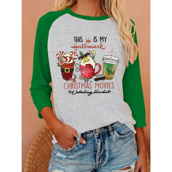 Anbech Christmas 3/4 Sleeve T Shirts for Women Shirt Merry Christmas Tees Funny Christmas Snowflake Graphic Shirts Baseball Tee Tops