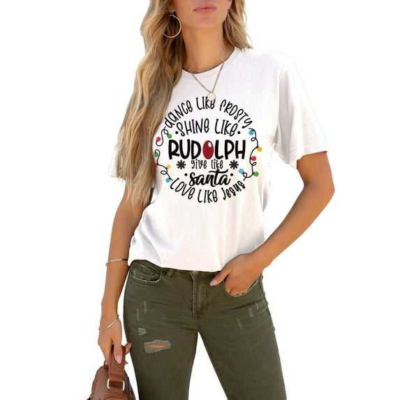 XCHQRTI Christmas Tree Women's Shirt Graphic Funny Letter Holiday Tshirt Short Sleeve Casual Tee Tops