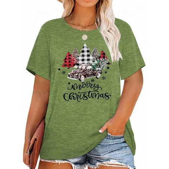 Anbech Christmas Trees Women Shirt Plus Size Graphic Top It's Fine Letter Short Sleeve Tshirt