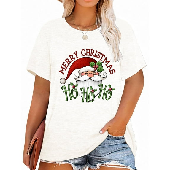 Anbech Christmas Trees Shirt Women Plus Size Graphic Top Merry Christmas Letter Short Sleeve Tshirt