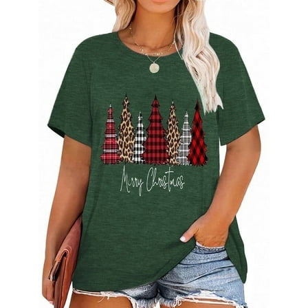 Anbech Christmas Trees Shirt Women Plus Size Graphic Top Merry Christmas Letter Short Sleeve Tshirt