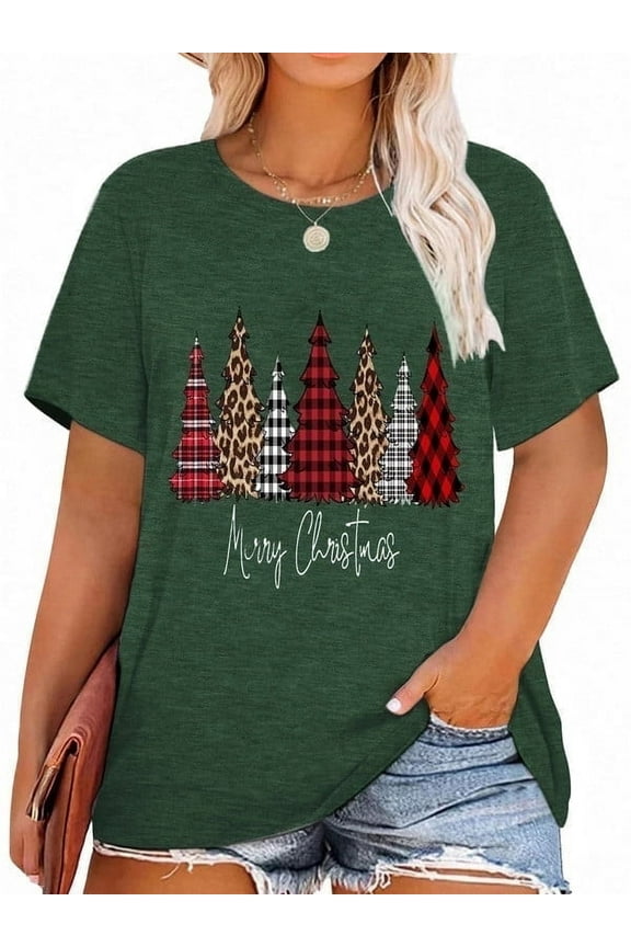 Christmas Trees Shirt Women Plus Size Graphic Top Merry Christmas Letter Short Sleeve Tshirt