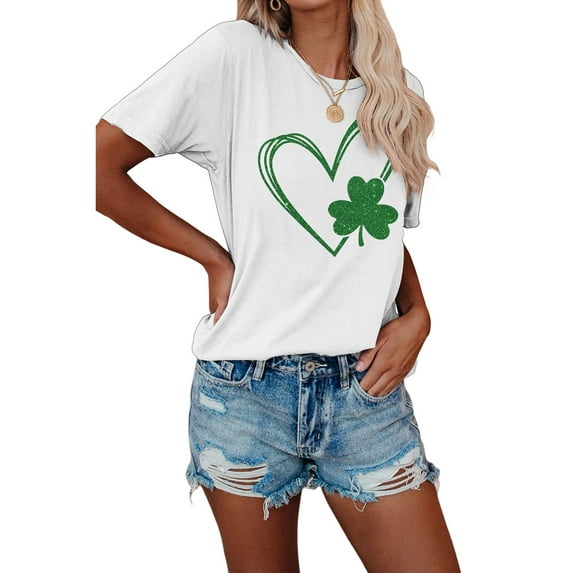 XCHQRTI Clover Love Women Shirt Graphic Short Sleeve Tee St. Patrick's Day Lucky Crew Neck Ladies Tops