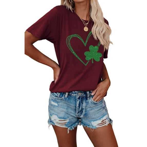 XCHQRTI Clover Love Women Shirt Graphic Short Sleeve Tee St. Patrick's Day Lucky Crew Neck Ladies Tops