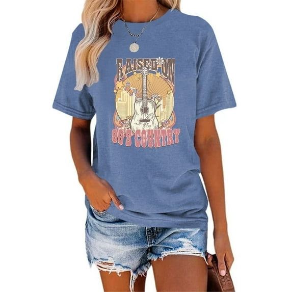 XCHQRTI Country Music Women T-Shirt Raised on 90s Vintage Graphic Tshirt Casual Guitar Shirts