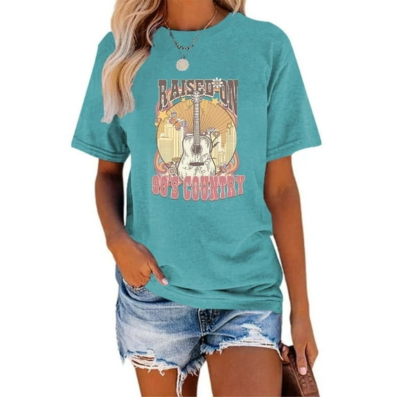 XCHQRTI Country Music Women T-Shirt Raised on 90s Vintage Graphic Tshirt Casual Guitar Shirts
