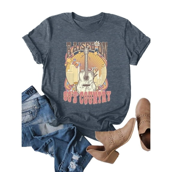 XCHQRTI Country Music Women T-Shirt Raised on 90s Vintage Graphic Tshirt Casual Guitar Shirts