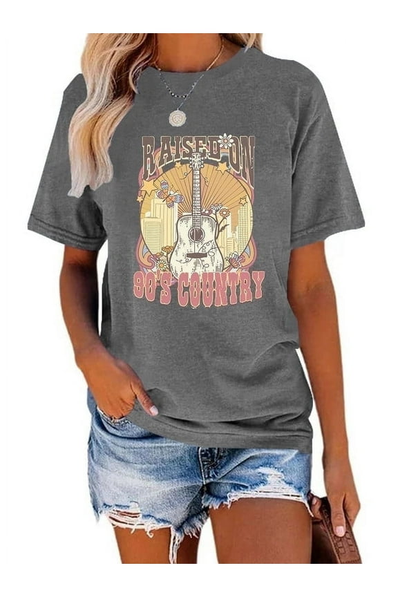 Country Music Women T-Shirt Raised on 90s Vintage Graphic Tshirt Casual Guitar Shirts