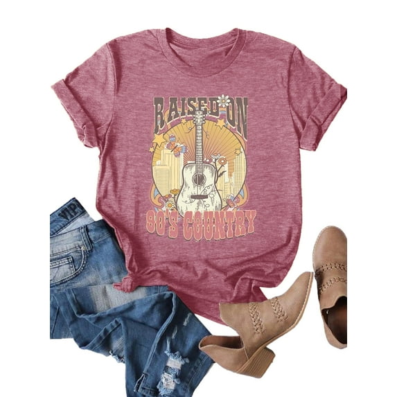 XCHQRTI Country Music Women T-Shirt Raised on 90s Vintage Graphic Tshirt Casual Guitar Shirts
