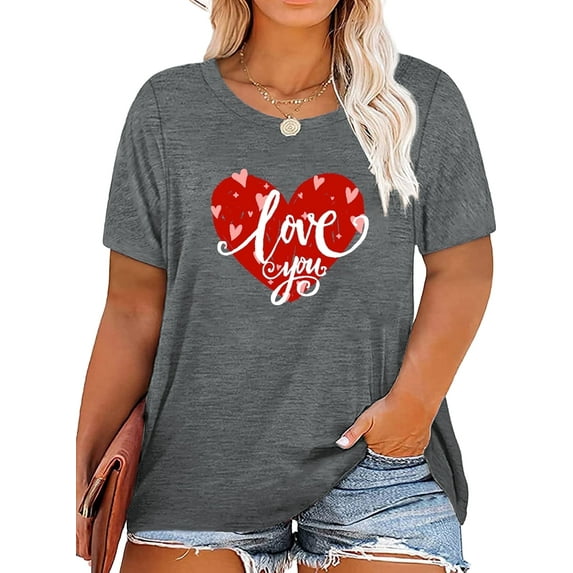 XCHQRTI Cute Love Women Plus Tshirt Graphic Short Sleeve Shirt Valentine's Day Tees