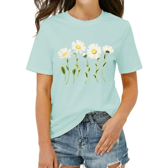 XCHQRTI Daisy Flower Shirts for Women Short Sleeve Tops Summer Graphic Tees Clothes