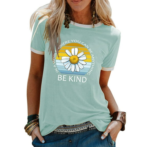 XCHQRTI Daisy Shirt for Women Be Kind Graphic Tshirt Short Sleeve Crew Neck Summer Tops
