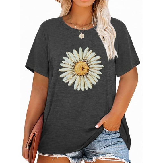 XCHQRTI Daisy T Shirts Women Plus Size Graphic Tshirts Casual Short Sleeve Oversized Tee