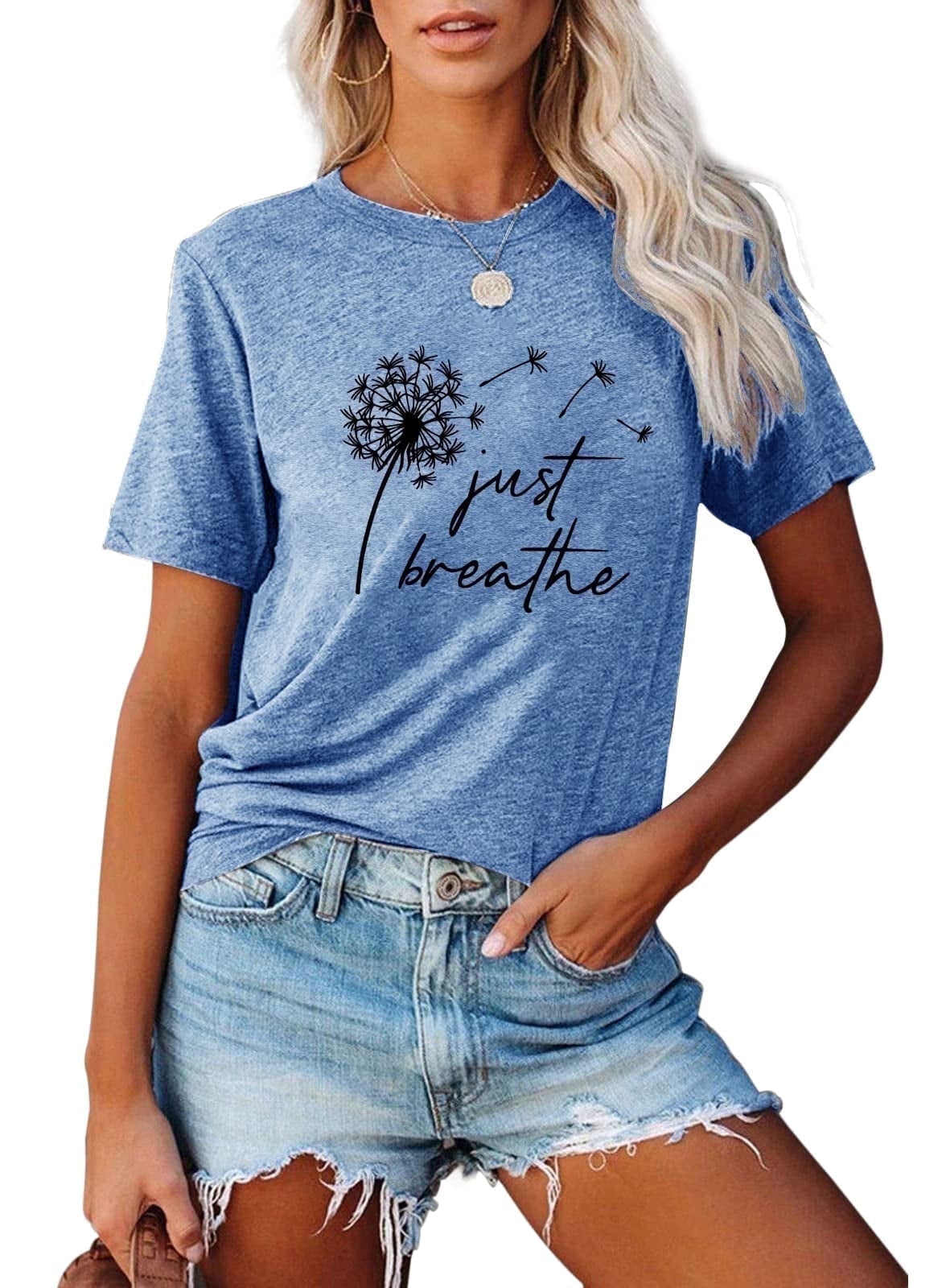 Women's Just Breathe Dandelion Graphic T-Shirt – Soft, Casual, Short Sleeve Top (Blue, Small) - View #9
